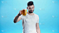 pleased man holding mug of cold beer isolated on b
