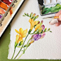 #水彩画教程# 三组水彩花卉过程图，很细腻清新的水彩花卉，颜色很亮丽，不要看花了眼哦！| 绘画：leegreeem ​  （转） @水彩达人 ​ ​​​​ 