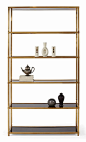 Etagere-Metal frame in Patinated Brass finish Five wood shelves in high sheen gloss black finish. W 48-1/4 | D 14-1/4 | H 88 in: 