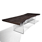 [wood & plexiglass] Very simple and with a straight-forward design, this dining table features a base made of two sheets of plexiglass and a beautiful live edge wooden top with a grey finish.