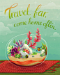 Travel Far - wall art illustration : A single wall art illustration on the topic 'little terrariums', showing the many joys of travel, one of which is coming back home. 