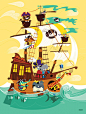 Animal Pirate Ship Art Print : Vector cartoon illustration of an animal pirate ship.