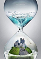 在来说是环保中一个重要的环节，也介绍过很多的公益广告提醒人类保护地球。上图是艺术家 Pepey 创作的命名为 Time 的海报，以沙漏为主题，下面是我们所居住的城市，上面是融化中的冰川，提醒着如果再不进行保护，随着暖化融化，城市将被淹没的局面。