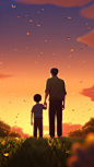 Father's Day, the young son accompanied the middle-aged father looking into the distance, high-definition image, background sunset, close-up, hand-held broken photos, flowers around, studio lighting, plane illustration, ultra HD, 8k, Japanese animation st