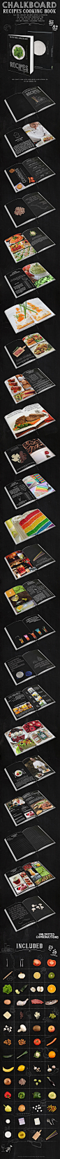 Chalkboard Recipes Cooking Book : In-design CS5 + Idml CS4 or lower Creative Chalkboard Recipes Cooking Book template. Included transparent PNG and layerd vector illustrations which you can use for any other category of magazines. Easy to customize, just 