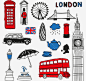 16款彩绘伦敦元素矢量素材，素材格式：AI，素材关键词：手绘,电话亭,车,大本钟,伦敦,伦敦眼,茶壶,英国国旗,雨季