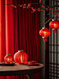 春节氛围，喜庆红色、红色窗帘为背景，小红灯笼为装饰海报