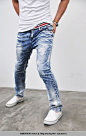 Bottoms :: Jeans :: Stripe Belt Taping Blue Ice Straight-Jeans 82 - Mens Fashion Clothing For An Attractive Guy Look