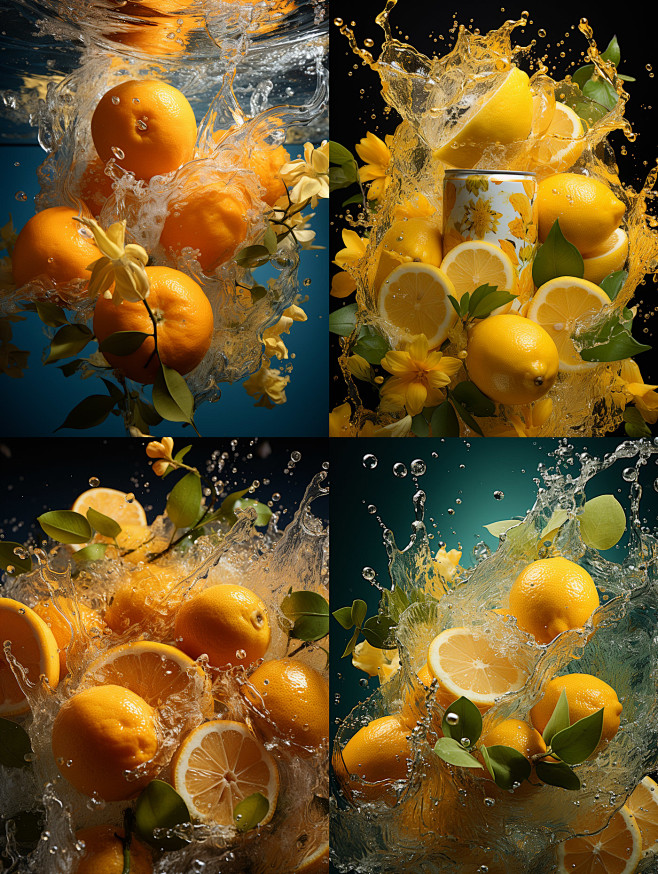 创意水花飞溅果汁饮料柠檬橙子橘子广告摄影...