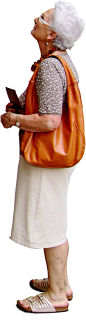 old woman looking up at something, with a large orange handbag: 