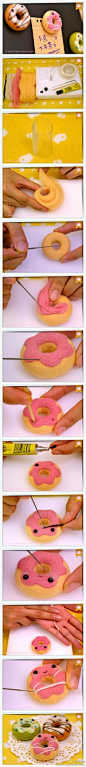 Donuts en laine feutrée. Directions in French but seems straightforward providing you can felt wool. Very cute.