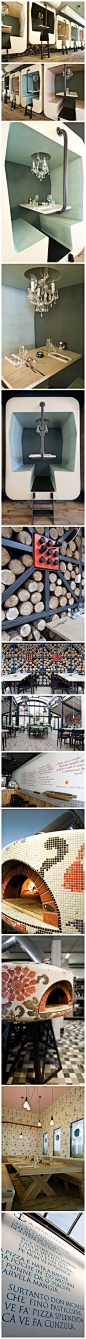[Fabbrica Bergen.] 这是 Tjep. 完成的一个餐厅的室内设计，位于荷兰。设计给餐厅带来了别具一格的特色，比如可爱的火车舱餐位，由马赛克装饰的披萨烤炉。设计师同时还尽量使用裸露的原材料以增加餐厅的真实性，比如木材容器。