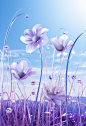 Top advertisement, purple gradient background, dream scene, fairyland, fresh and delicate, gorgeous, 2 oversized white silver metal flowers, glass material on the grass, silver metal grass under the flowers, realistic grass, futuristic flowers, metal tran