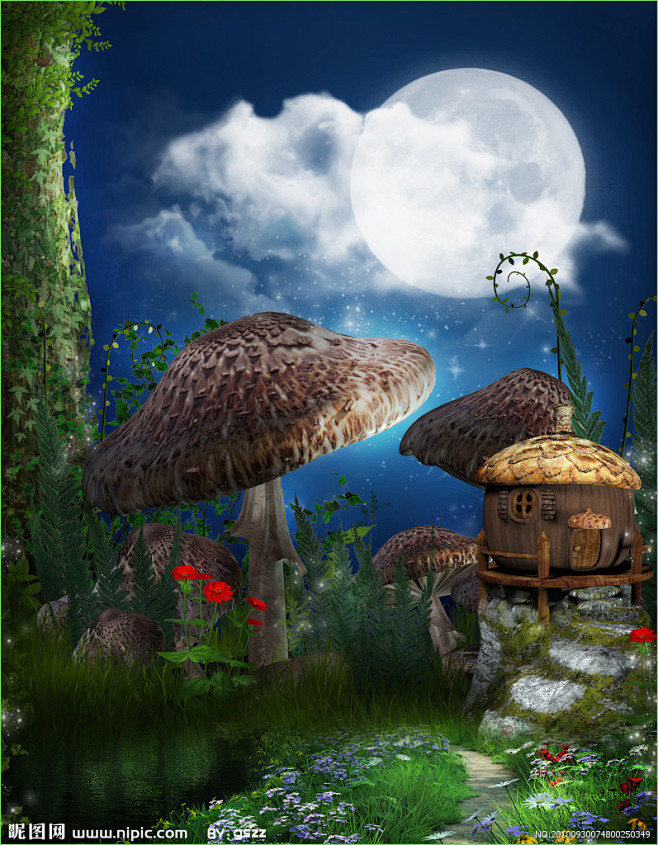 蘑菇树 小屋 童话背景大图 点击还原