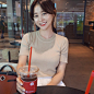 韩版修身冰丝针织衫短袖女套头夏季薄款打底衫圆领半袖t恤女上衣-tmall.com天猫