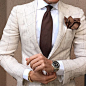 Metal Strapped Watch for Cream Patterned Men Suit #menssuit #metalstrappedwatch