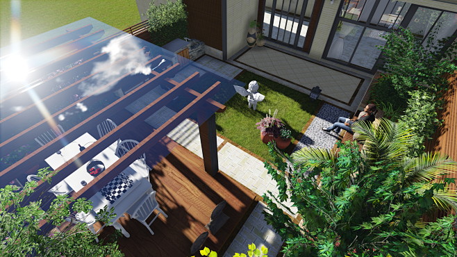规则形现代风格屋顶花园，置欧式小品，点庭...