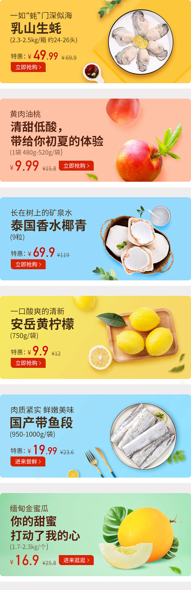 椰子/柠檬/带鱼/油桃/金蜜瓜/生蚝