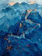 bottom view, a wire drawing of chinese Great Wall among the hillds , in the style of wavy resin sheets, white and blue, gold, stars glowing, detailed imagery, innovative page design, aerial view, multi-layered figures, serene mood --ar 3:4 --s 750