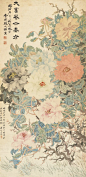 Attributed to Zhao Zhiqian FLOWERS  趙之謙（款） 大富貴亦壽孝 款識：大富貴亦壽孝。同治庚午秋八月既望，會稽趙之謙寫。鈐印：趙之謙、趙撝叔 題跋：爛熳如雲日，羣芳讓牡丹。晴暉舒廣殿，矞彩煥雕欄。潘祖蔭題。鈐印：長樂   設色紙本 立軸 130 x 64 厘米，51 1/8 x 25 1/8 英寸: 