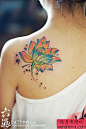 女生后背漂亮的彩色传统莲花纹身图案