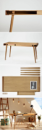 丹麦Nordic Tales工作室设计的一张书桌，组装完全靠木楔插接。