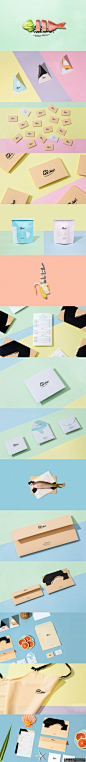 小清新海鲜品牌设计 餐饮VI 海鱼 白菜 三角形包装袋 香蕉 西柚 海星 扇贝 信封 名片