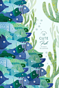 Cute Fish Clipart, blue & green watercolor sealife illustrations- algae, corals and fish, instant download