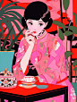 an illustration of a girl with qipao drinking tea in pink, in the style of bold and colorful compositions, contemporary chinese art, 1960s, vibrant illustrations, playfully dark, jazzy interior, high resolution --ar 3:4