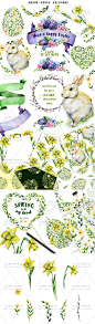 唯美水彩复活节兔子绿色花环爱心画芯婚礼卡片设计素材JPG+PNG328-淘宝网