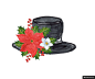 黑色礼帽 红色花卉 圣诞元素 淡彩手绘模板免扣png