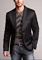 ♂ Masculine and Elegant man's fashion wear, dark suit jacket, neutral blue jean and neutral T-shirt. classy and casual