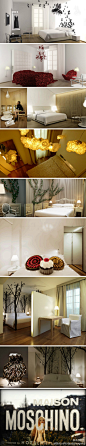 时尚品牌 MOSCHINO 在米兰市中心开设的一家可爱的精品旅店。玫瑰、糖果、常青藤、绵羊、云朵、Zzzzz、爱丽丝梦游仙境。。。每间房间都富有童话色彩，着实体现了品牌一贯的“鬼马”风格。via：http://www.maisonmoschino.com/en/maison-moschino-rooms-suites