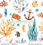Underwater multicolored seamless pattern.Seaworld watercolor background with cute turtle,seahorse,coral reef,seaweed,anchor.Perfect for invitations,party decorations,printable,craft project,wallpaper.