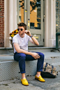 Yellow loafers with blue rolled up trousers, style for men