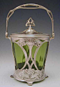 Silver-plate on pewter & green glass biscuit barrel with art nouveau floral decoration Country of Manufacture Germany Date c.1906 | JV