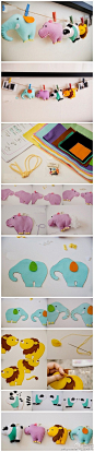 韩国手作者用不同颜色的不织布DIY出了造型别致的小动物。只要跟着步骤图动手做，你也一定可以做出这四只可爱的小萌物.。