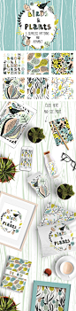 【PNG下载】可爱小鸟与植物组合形状涂鸦纹理海报图案PNG矢量图设计素材