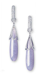 A PAIR OF JADEITE AND DIAMOND EAR PENDANTS   Each suspending a detachable jadeite briolette of lavender colour and very good translucency, to the diamond-set cap and surmount, mounted in 18k white gold, largest briolette approximately 38.6 x 9.8 x 9.8 mm,