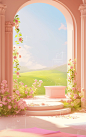 a room with flowers and pillars, in the style of soft, romantic landscapes, pink, cartoonish innocence, organic material, hd, minimalist stage designs, eye-catching composition