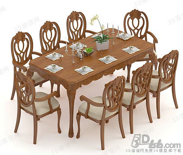 欧式简约棕色实木长方形茶桌餐具米色软垫镂...