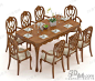 欧式简约棕色实木长方形茶桌餐具米色软垫镂空雕花餐椅桌椅组合