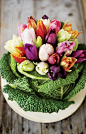 Tulips and greens--creative centerpiece!