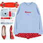 A fashion look from March 2016 featuring blue sweatshirt, red shorts and ballet flat shoes. Browse and shop related looks.