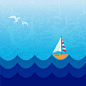 卡通航海帆船背景矢量素材，素材格式：AI，素材关键词：帆船,海洋,海鸥,风景建筑