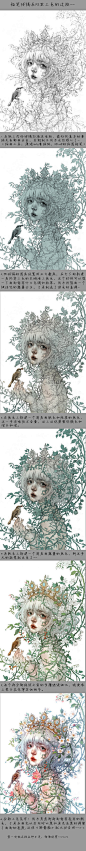 《野蔷薇》线稿上色过程~  - 古戈力_原创,插画,少女,花,植物_涂鸦王国