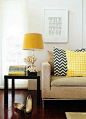 living rooms - glossy black parsons end table oatmeal linen modern sofa navy blue zigzag chevron pillow yellow basketweave pillow sisal rug