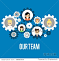 Smiling people characters in round gear icons on blue background. Our team banner, vector illustration. Concept of teamwork building working system of cogwheels. Collaboration and partnership