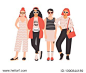 Four young women or girls dressed in trendy clothes standing together. Group of friends or feminist activists. Female cartoon characters isolated on white background. Flat colored vector illustration