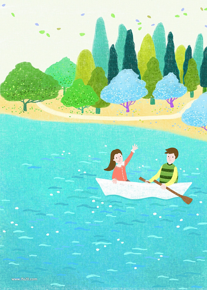 划船植物风景树林湖泊花海自然风景插画